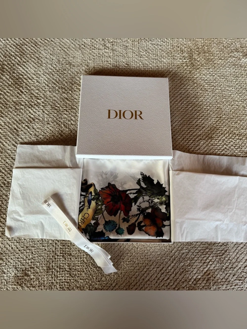 Christian Dior White Floral Butterfly Silk Scarf 90 Square Scarf
